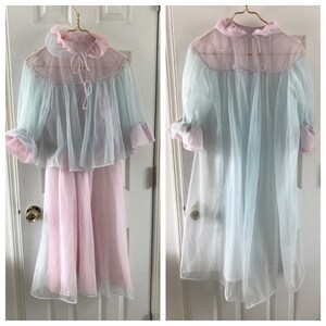 Vtg 1950's 3 Piece Ensemble Negligees Lingerie Pink & Blue Gown Bed Jacket And Full Length Jacket image 1