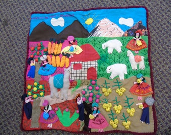 Vintage Peruvian Cosecha De Papa Y Zanahoria Tapestry Handcraft Appliqué Folk Art Peru Arpillera