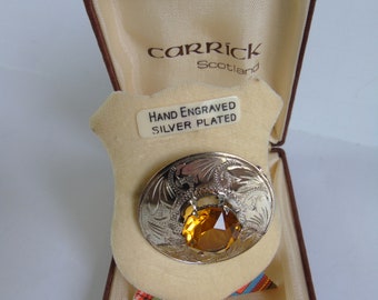 Vintage 1970 Carin Citrine Stone Brooch Silver Plate Hand Engraved Carric Scotland NIB