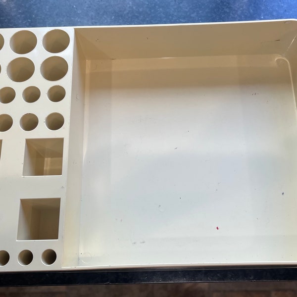 Vintage 1970's Beige Acrylic Tray Make Up Holder Made In Italy 19 Round Holes 4 Square Holes With Handles