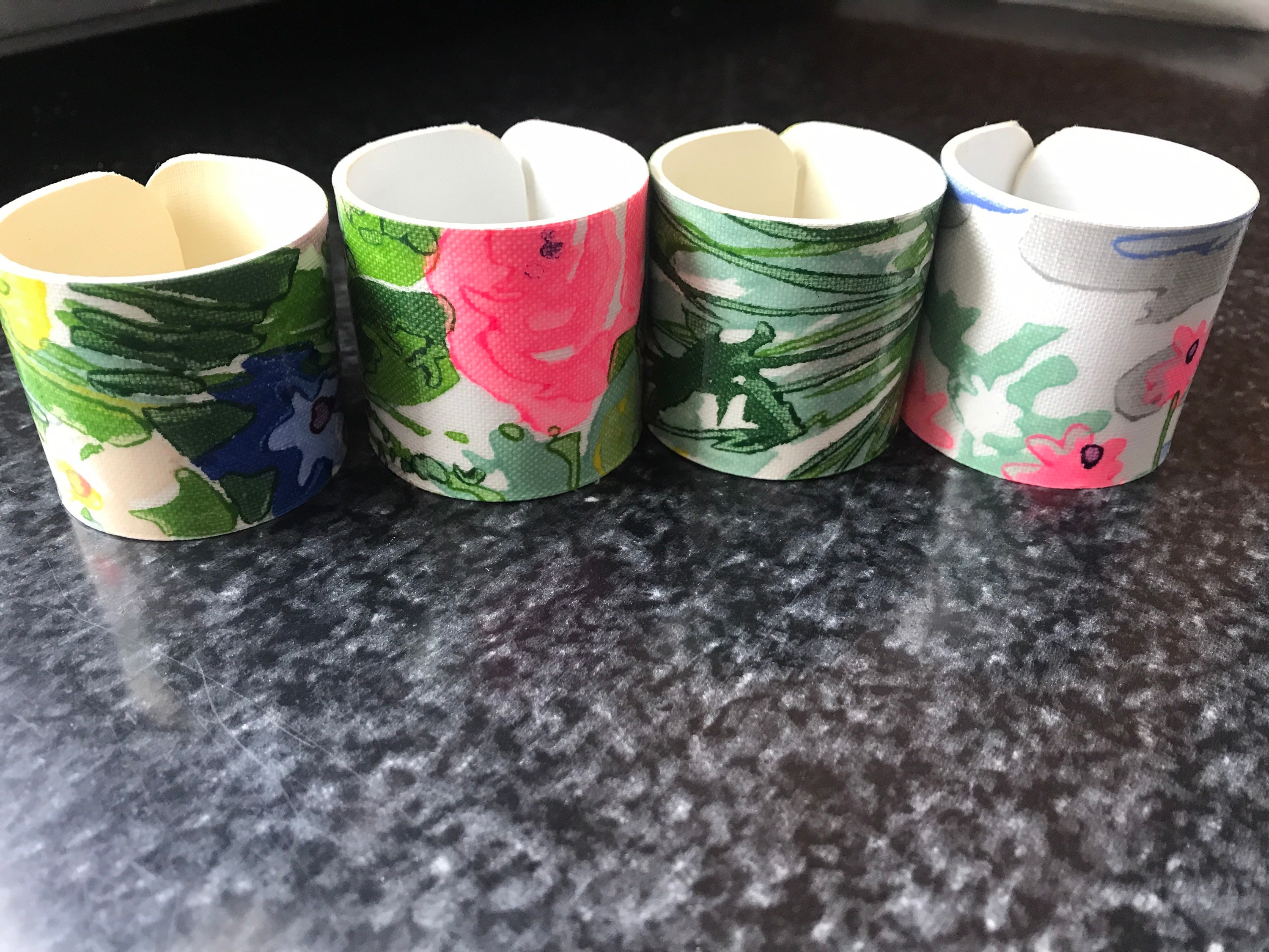 Vintage 1970s Four Napkin Rings Made From Curved Plastic With Beautiful Floral Pattern Colors