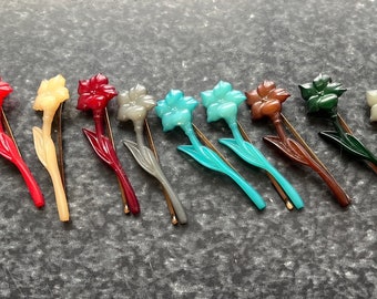 Vintage 1974 Lot Of 12 Lotus Flower Brooch/Bobbie Pin Buch + Deichmann Denmark Multi Colored Lucite