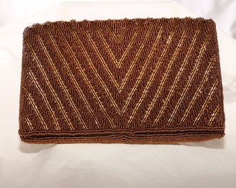 Vintage 1970's Clutch Purse Saks Fifth Avenue Brown Fully Beaded Satin Lined