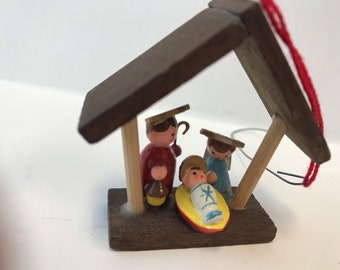 Vintage Christmas Wooden Nativity Ornament Feri, Italy Handmade Mary Joseph & Baby Jesus