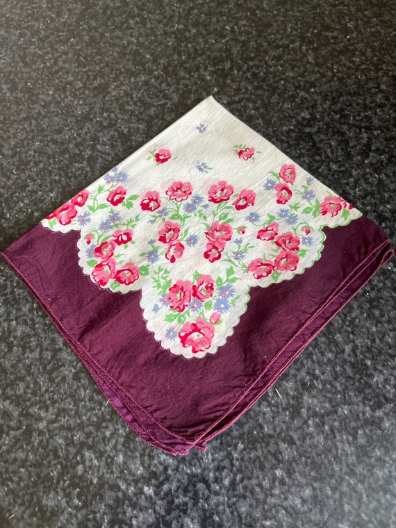 Vintage Cotton Purple Pink White Handkerchief Flo… - image 1