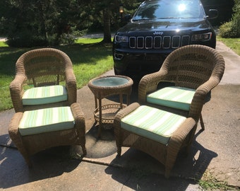 Vintage 5 Piece Rattan Patio Set With Cushions By Grand Basket Company 2 Arm Chairs 2 Ottomans 1 Table & Cushions