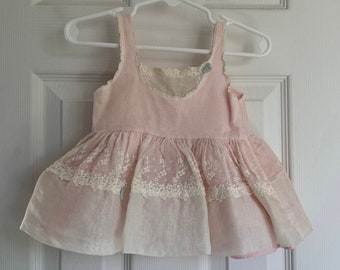 Vtg Pink Baby Dress Skamperette Toodler 1 1950's White Lace Edging Floral Lace Double Petti Coat Pink Dress