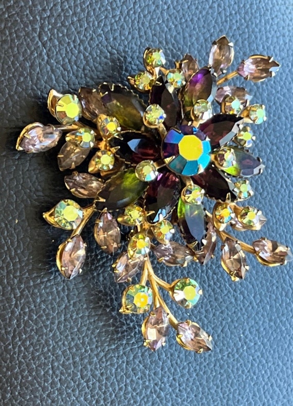 Vintage Purple Floral Brooch Pin AB Rhinestones B… - image 1