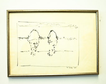 Vtg 1976 "Two Men At The Bar" Pen And Ink Sketch By Vittorio Miele (1926-1999) Framed Signed