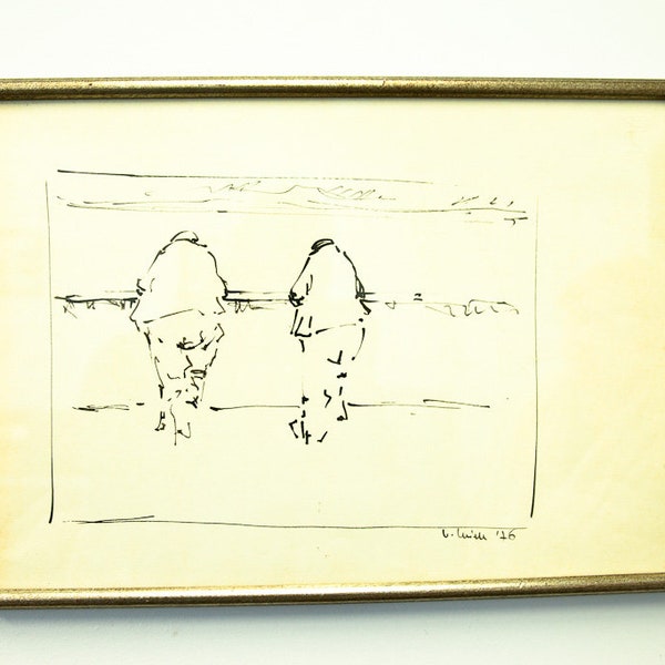 Vtg 1976 "Deux hommes au bar" croquis à la plume et à l'encre par Vittorio Miele (1926-1999) encadré signé