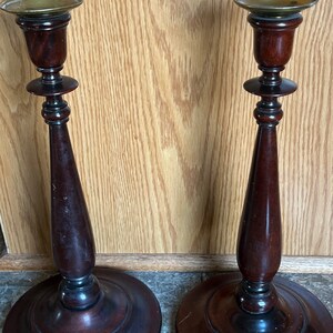 Vintage Pair 1950s Elegant Turned Wood Candle Holders Brass Lip Candle Holder 14.5 Tall image 9