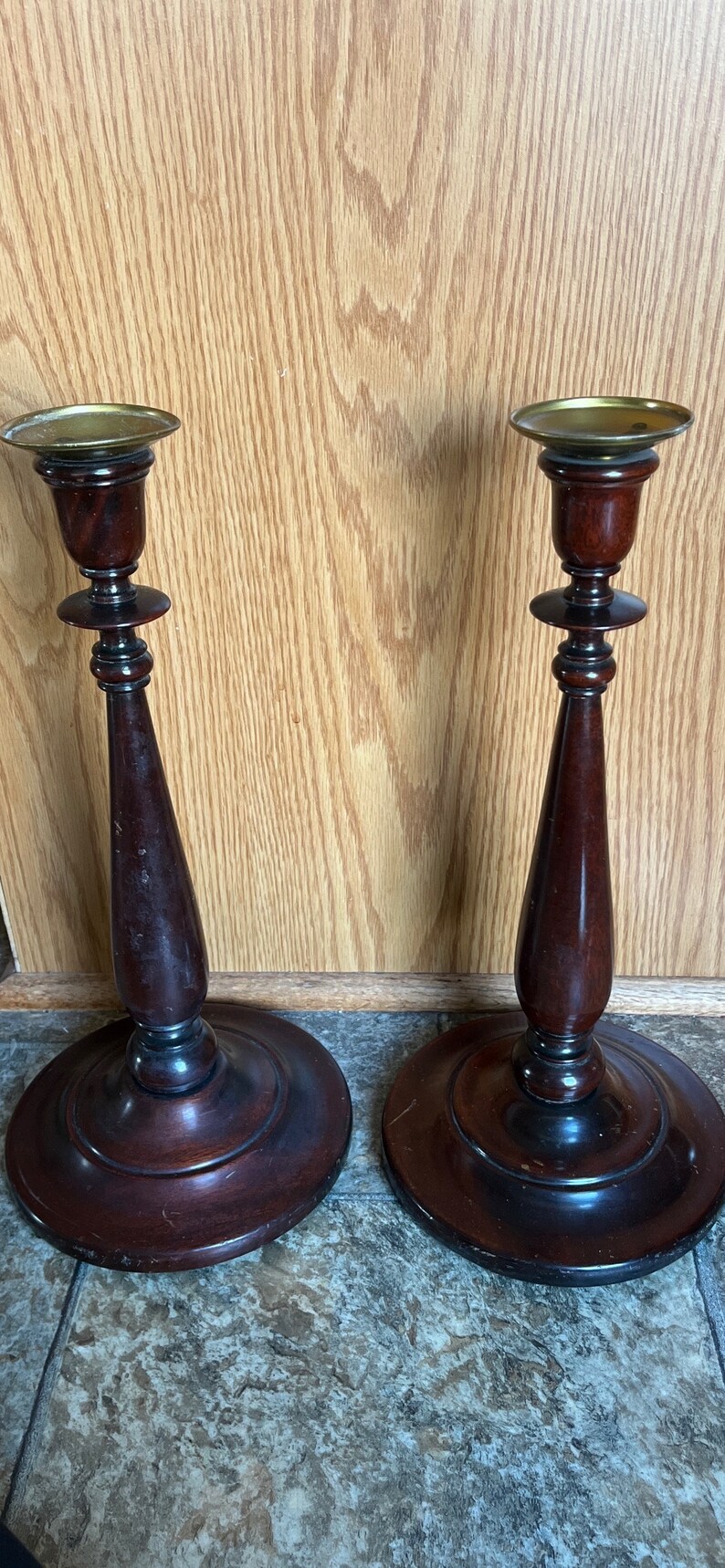 Vintage Pair 1950s Elegant Turned Wood Candle Holders Brass Lip Candle Holder 14.5 Tall image 9