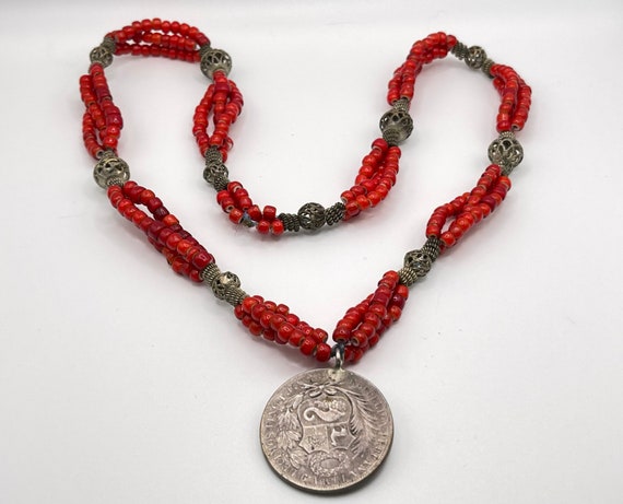 Vtg Colonial Red Glass Beads 3 Strand & Coin Neck… - image 1