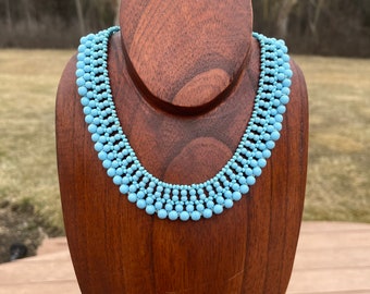 Vintage 1940's Handmade Egg Shell Blue Beaded Collar Necklace Woven Various Size Beads Lovely Clasp