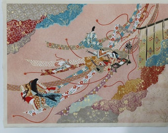 Vintage Mokuhanga Brilliant Asian Wood Block Abstract Scene Kimonos Flute Flowers 25 1/2" x 12 1/2"