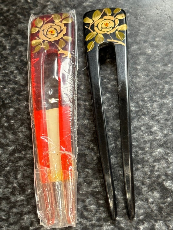 Vtg Two Japanese Kanzashi Hair Stick Floral Hand … - image 1