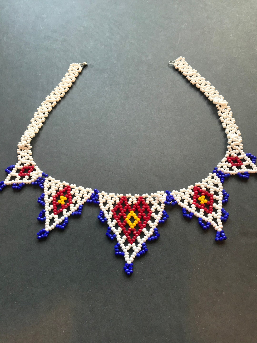 Vtg 1970's Hand Beaded Yoke or Net Style Necklace 5 Beaded Triangles