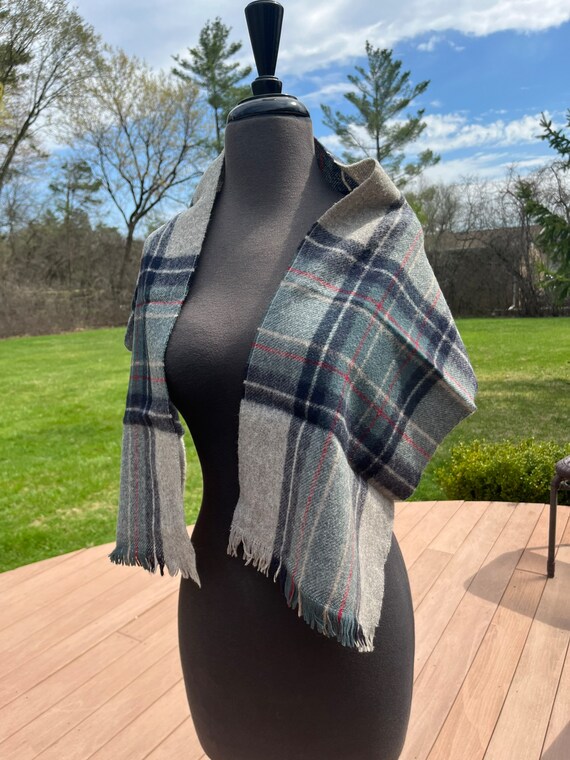 Vtg 1970's Wool Scarf Gray Navy Red Teal Plaid Wi… - image 2