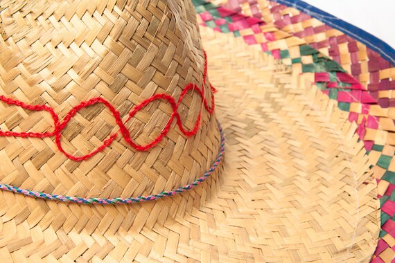 Vtg Mexican Straw Sombrero Plastic Blue 