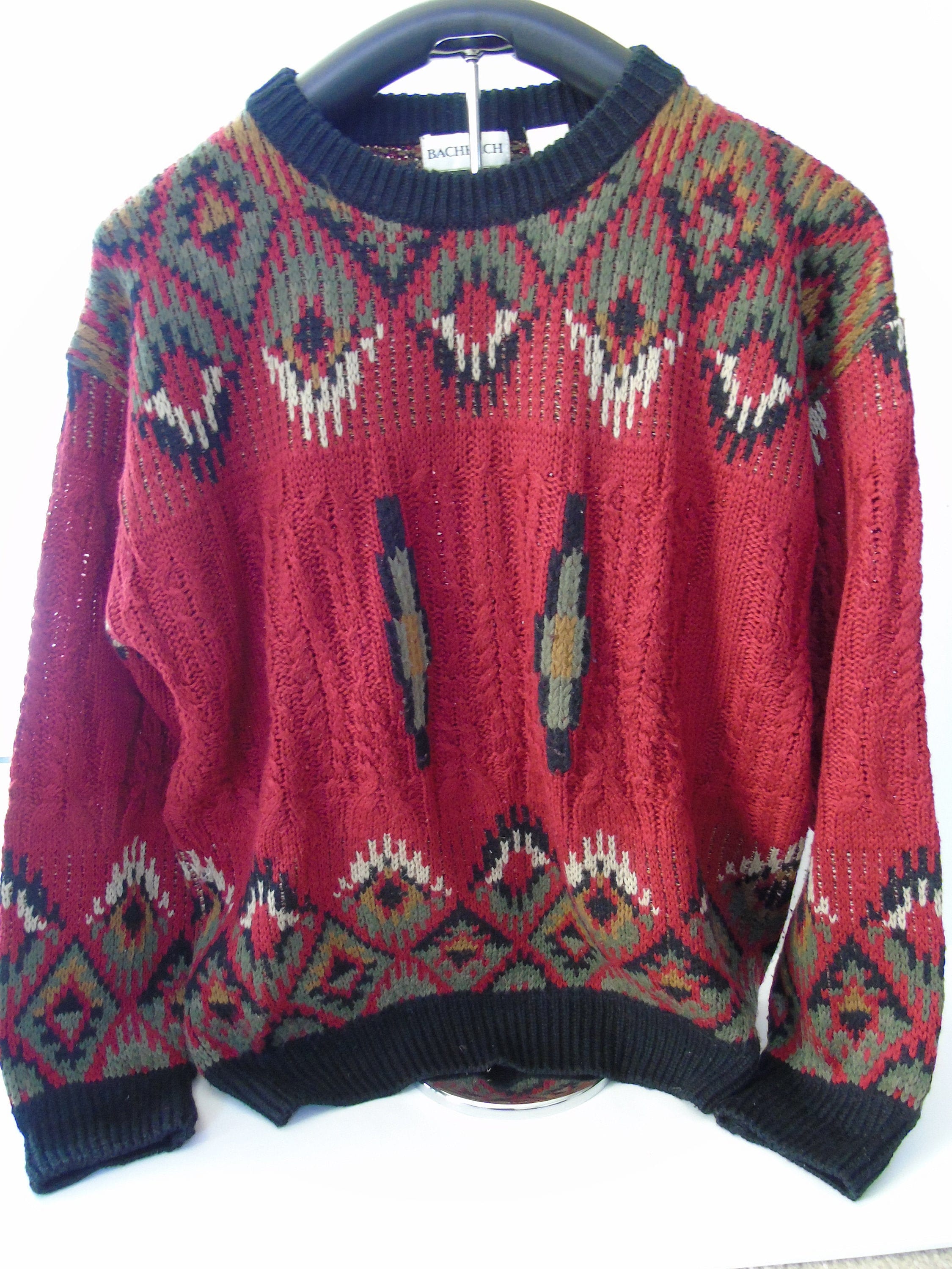 ZetsVintage Vintage Men's Designer Sweater Bachrach Hong Kong Acrylic Wool Cable Red Black Large