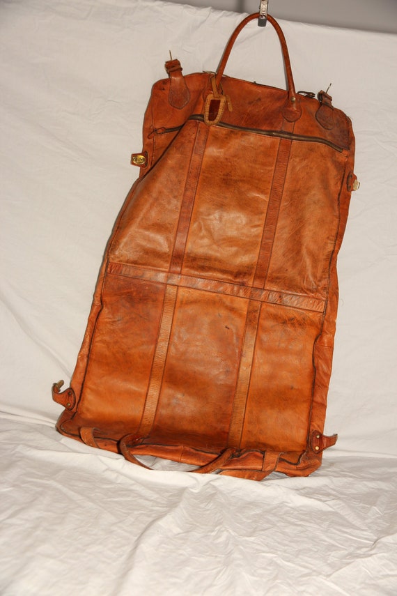 Vintage R.O.N.A. Go Anywhere Leather Garment Bag 1970's Handmade Argentina  Hanging Clothing Bag 