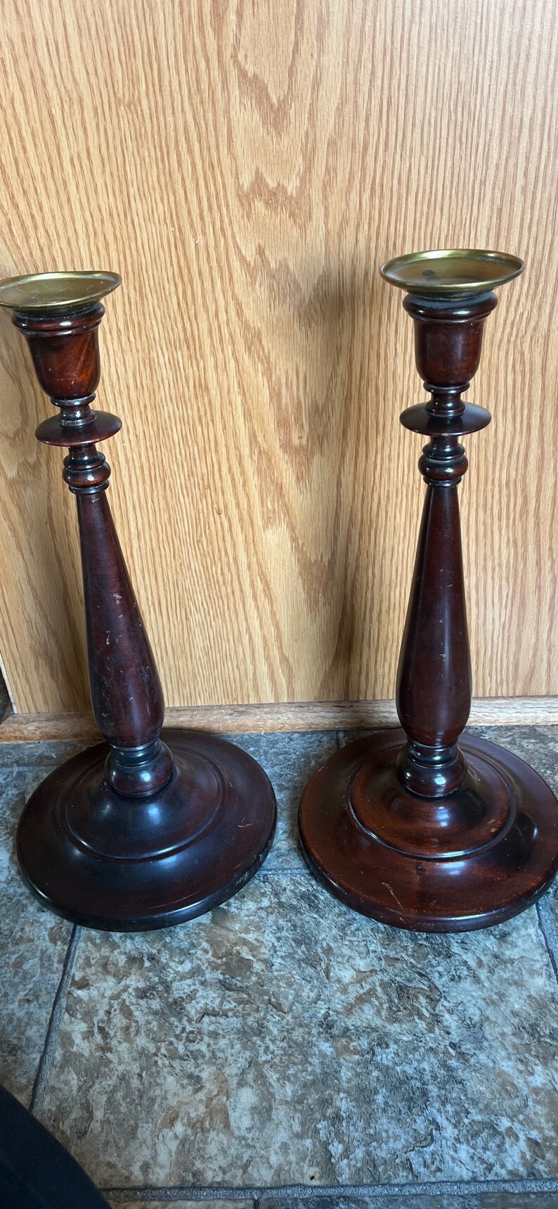 Vintage Pair 1950s Elegant Turned Wood Candle Holders Brass Lip Candle Holder 14.5 Tall image 5