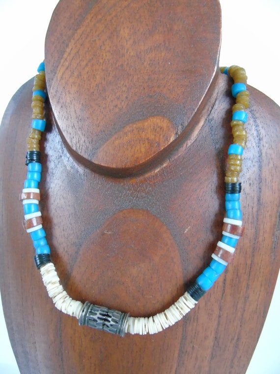 Vintage Heishi Necklace Metal Bead Graduated Shel… - image 1