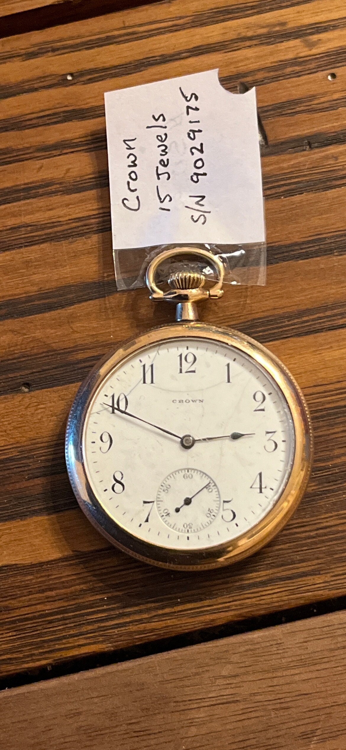 Antique Crown Pocket Watch 15 Jewels S N 9029175 Gold Filled