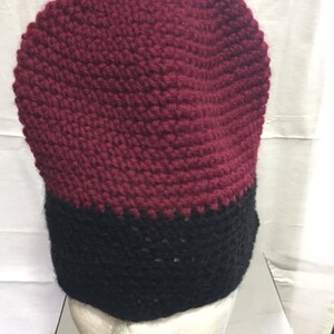 1970's Beanie Hat Handmade Crocheted Maroon and Black Vintage image 1