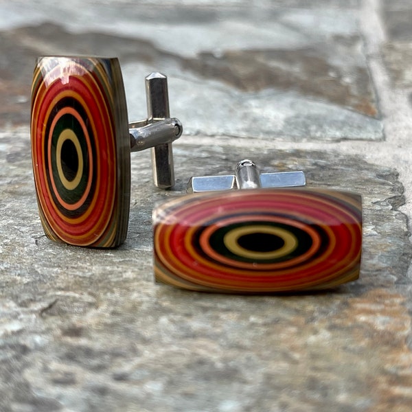 Vintage Handmade Layered Marquetry Cufflinks Bullseye Rounded Rectangle One Of A Kind Concentric Rings