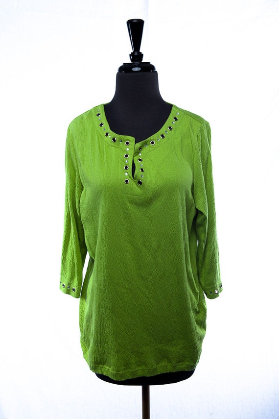 Woman's Lime Green V Neck Blouse Quaker Factory "… - image 1