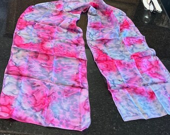 Vintage 1960's Scarf Pink Gray Tie Dyed All Silk Handmade Hand Rolled Edges 56" x 10"