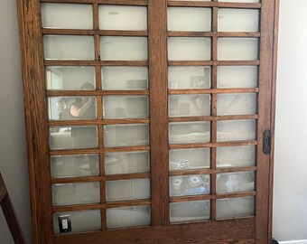 Antique 1930's Pocket Door Solid Oak With 36 Panes Of Individual Beveled Glass Reclaimed From a Mansion In Detroit MI