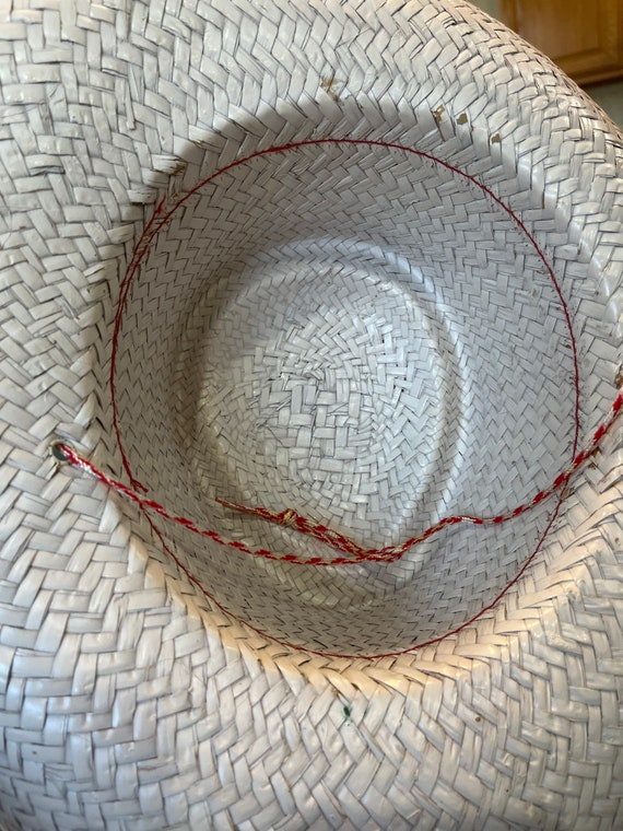 Vtg 1970's White & Red Hand Woven Straw Cowboy Ha… - image 4