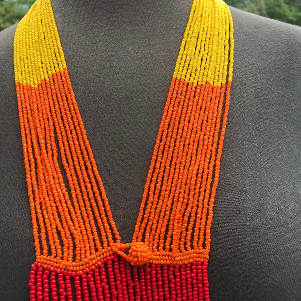 Vtg 1960's Seed Beaded Shawl With Beaded Button & Loop Orange Red Yellow African Maasai Tiny Seed Beadwork 82" x 2"