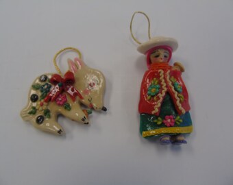 Vintage 2 Handmade Salt Dough Christmas Ornaments Sweet Pig & Peruvian Woman With Baby