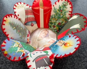 Vintage Handmade Stitched Red Yarn Greeting Card Basket Bowl Christmas Holiday