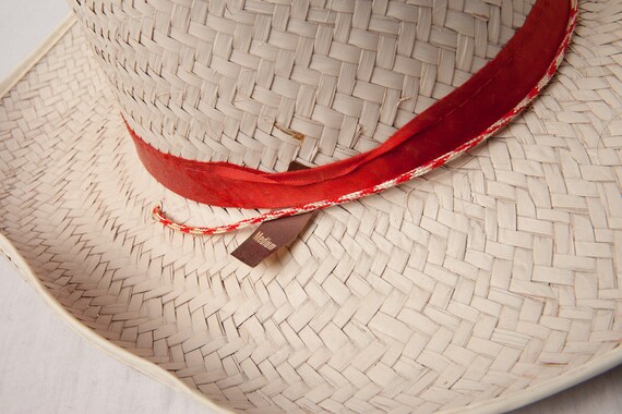 Vtg 1970's White & Red Hand Woven Straw Cowboy Ha… - image 3