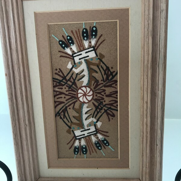 Vintage Authentic Healing God Navajo Authentic Sand Painting Titled & Signed By Artist  By Hand Framed In Oak Wood