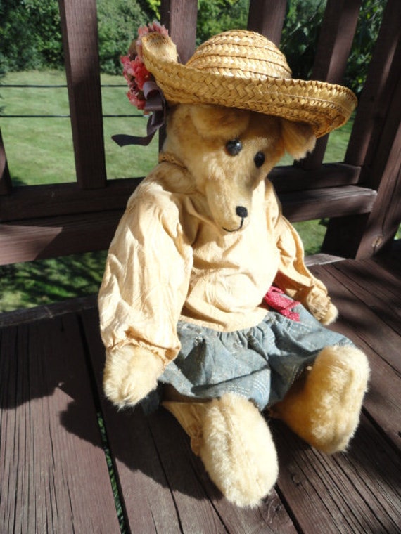 Vintage Handmade 20″ Teddy Bear Full Brim Straw Hat Flowers Denim Dress Red Bow