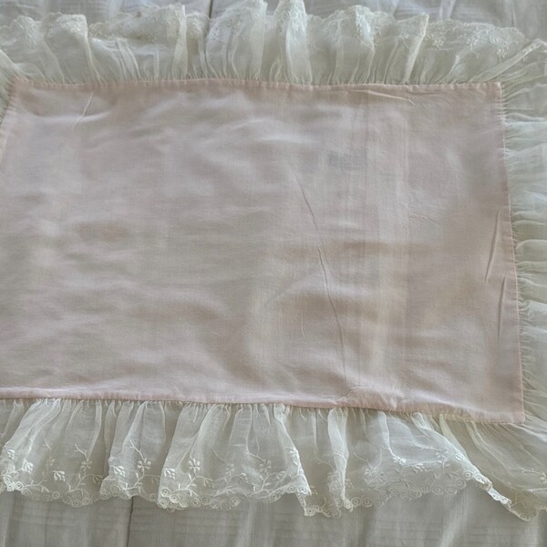 Vintage Handmade RN Label Pink Baby Pillow Case With Handmade White Lace Flower Design Scallop Edging 1950's Mid-Century