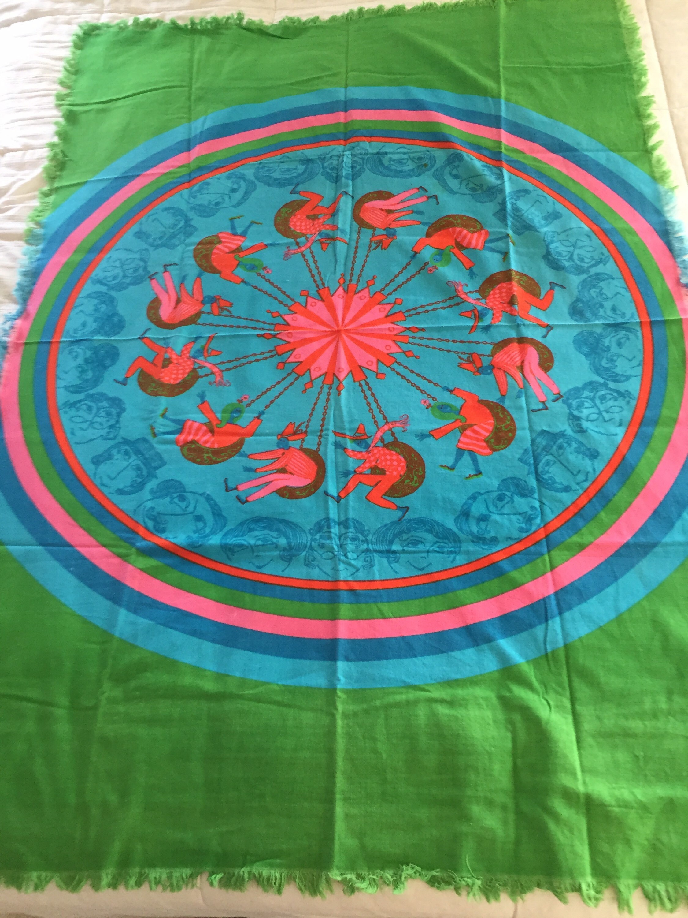 Vintage 1960s Pop Art Mod Tablecloth Love Child Psychedelic 100 Cotton Green Blue Brilliant Colors