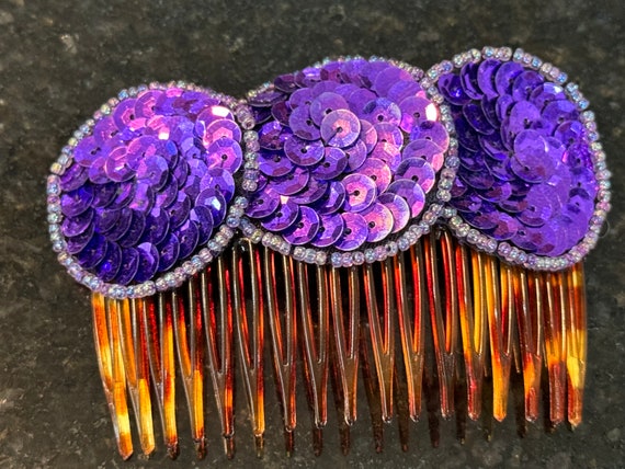 Vtg 1980's Purple Sequin 3 Circles Hair Side Comb… - image 1