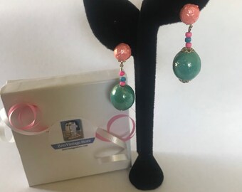 Vintage 1960's Handmade Pink Blue Ball Beaded Clip On Dangle Earrings Made In Hong Kong