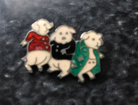 Vintage 1940's Three Pig Enamel Pin Brilliant Col… - image 1