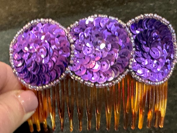 Vtg 1980's Purple Sequin 3 Circles Hair Side Comb… - image 6