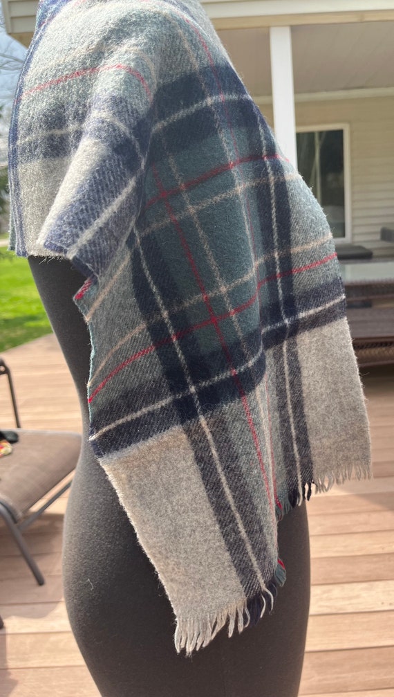 Vtg 1970's Wool Scarf Gray Navy Red Teal Plaid Wi… - image 5