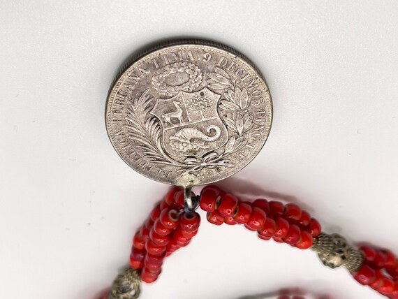 Vtg Colonial Red Glass Beads 3 Strand & Coin Neck… - image 3