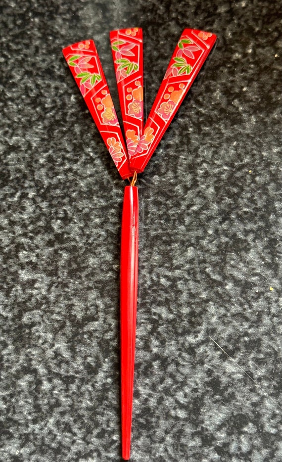 Vtg Japanese Kanzashi Hair Stick Red Hand Painted 