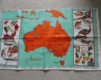 Vtg 1970's Map Of Australia Tea Towel Wall Hanging All Pure Linen Designed In Australia Made In Poland Hand Printed NWT